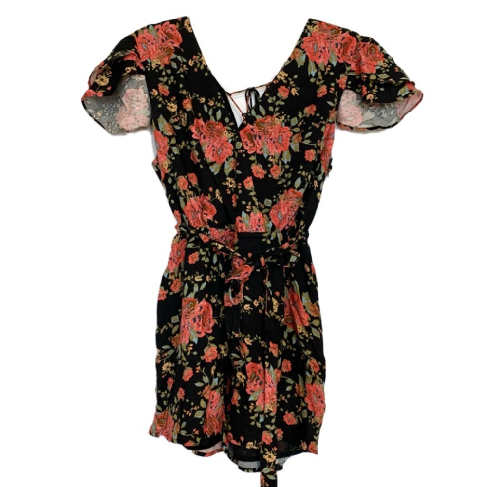 WAYF Short Sleeve Floral Wrap Romper
